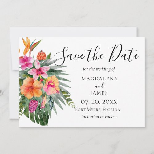 Watercolor Tropical Colorful Pink Orange Flowers Save The Date