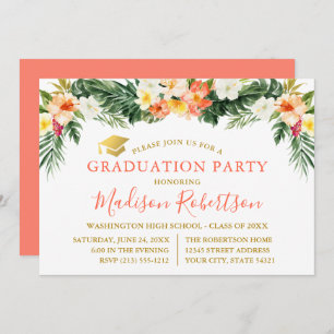 Watercolor Tropical Coral Floral Gold Grad Party Invitation