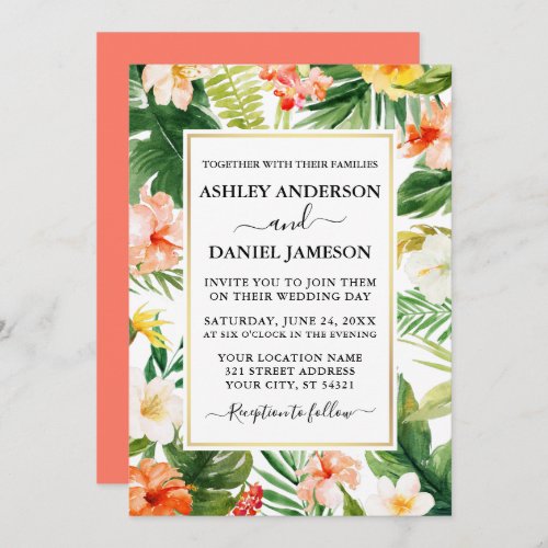 Watercolor Tropical Coral Floral Gold Wedding Invitation