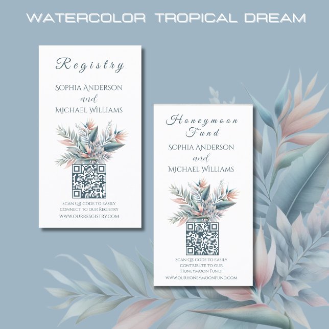 Watercolor Tropical Dream -Registry-Honeymoon Business Card (Watercolor Tropical Dream Wedding Registry and Honeymoon Card-QR code-Coastal-Pastel Colors)
