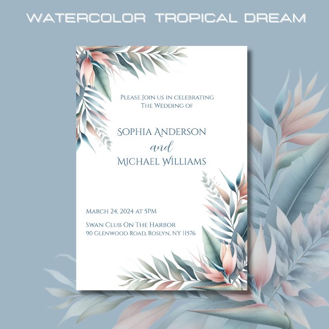 Watercolor Tropical Dream-Wedding Invitation (Watercolor Tropical Dream Wedding Invitations-Coastal-Pastel Colors)