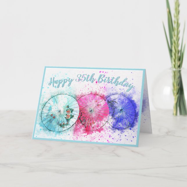 Watercolor Tropical Drink Umbrellas 35th Birthday Card (Front)