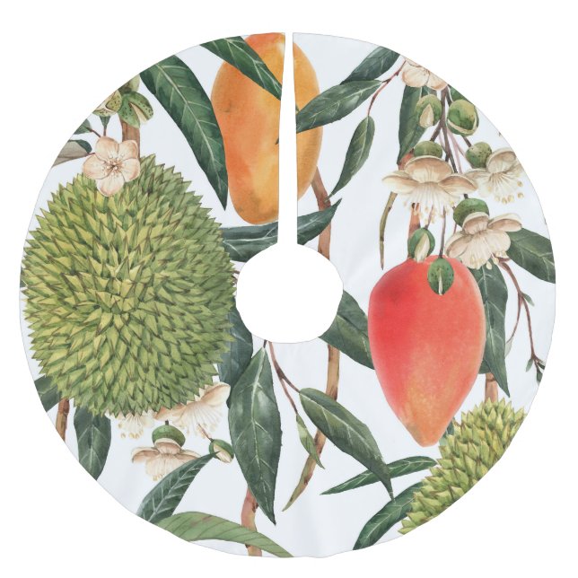 Watercolor tropical durian, mango pattern. brushed polyester tree skirt (Front)