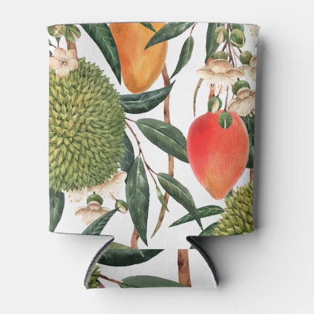 Watercolor tropical durian, mango pattern. can cooler (Front)