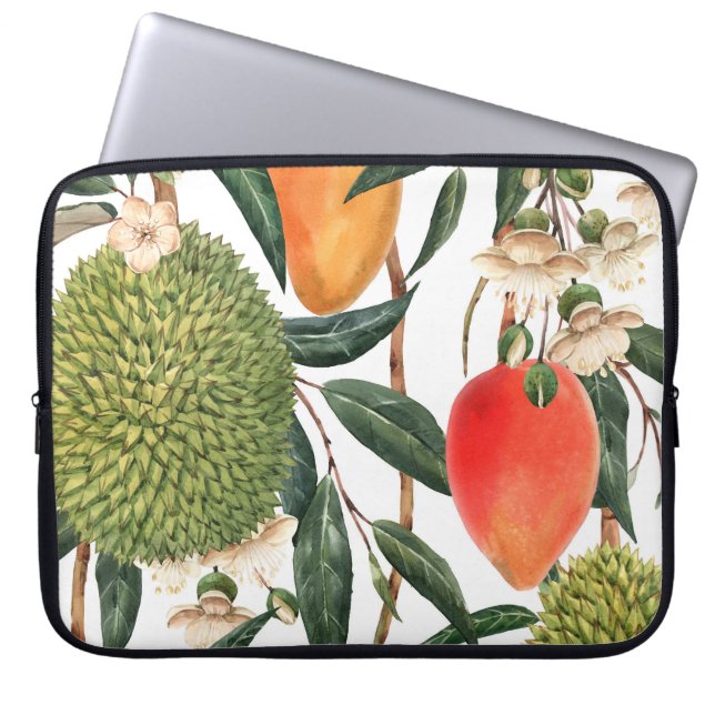 Watercolor tropical durian, mango pattern. laptop sleeve (Front)