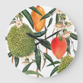 Watercolor tropical durian, mango pattern. large clock