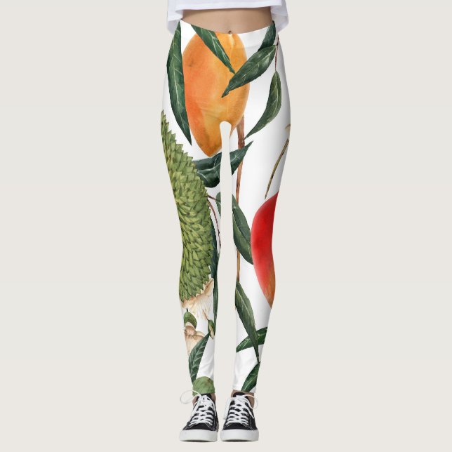 Watercolor tropical durian, mango pattern. leggings (Front)