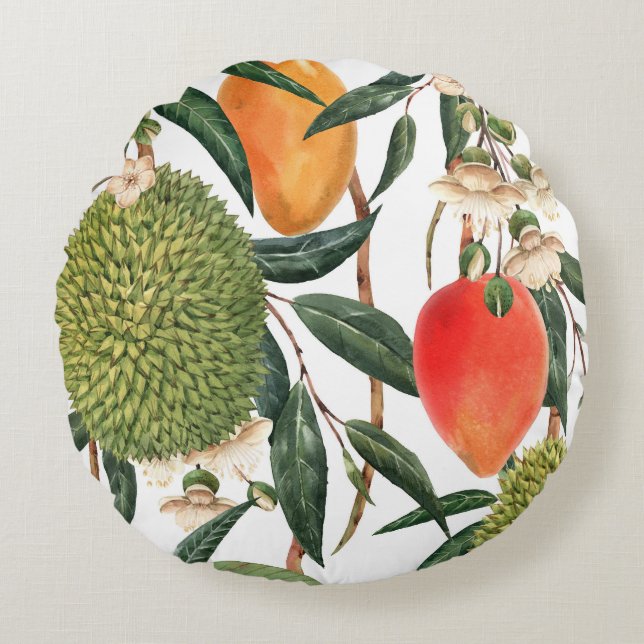 Watercolor tropical durian, mango pattern. round pillow (Front)