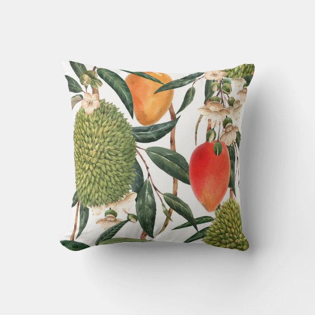 Watercolor tropical durian, mango pattern. throw pillow (Front)