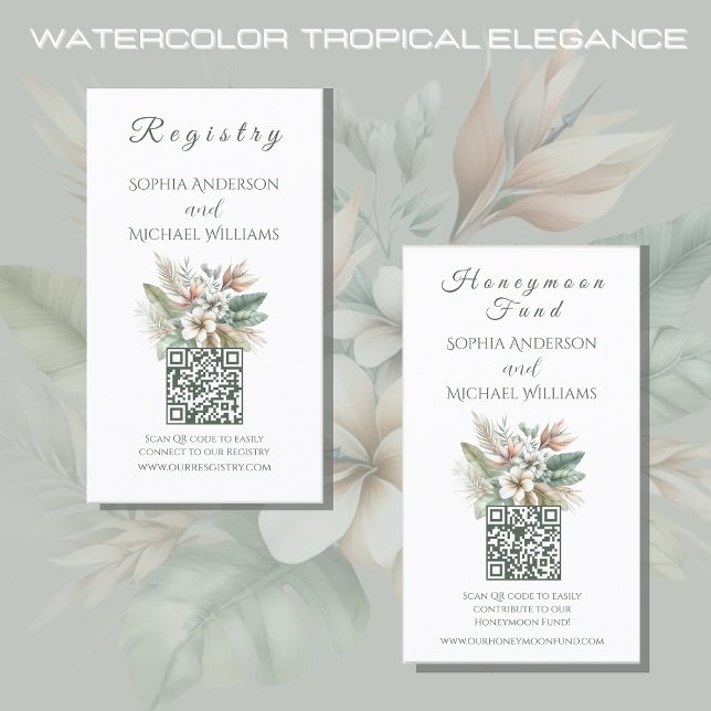 Watercolor Tropical Elegance -Registry-Honeymoon Business Card (Watercolor Tropical Elegance Wedding Collection-Registry and Honeymoon Fund-Green and Peach)