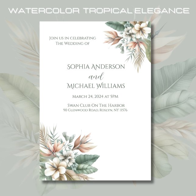 Watercolor Tropical Elegance-Wedding Invitation (Watercolor Tropical Elegance Wedding Collection- Sage Green and Peach)