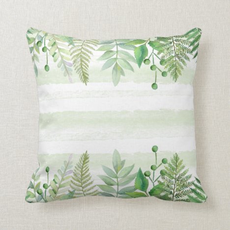 Watercolor Tropical Ferns Greenery Stripes Throw Pillow