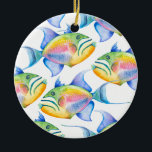 Watercolor Tropical Fish Christmas Ornament<br><div class="desc">This queen triggerfish acrylic Christmas ornament features the words Merry Christmas on the back with a replica of my original colorful tropical fish art. The type is set in a fun hand lettered typography over a solid blue background. Customize this round ornament with your names to create a unique keepsake...</div>
