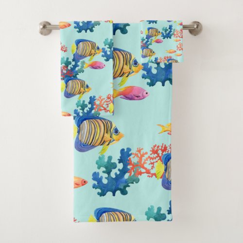 Watercolor Tropical Fish  Coral Bath Towel Set