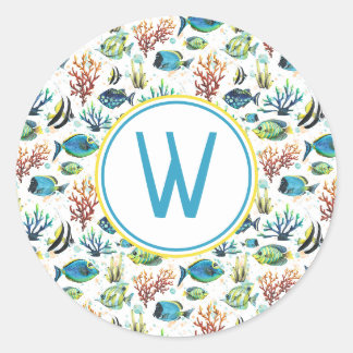 Watercolor Tropical Fish Monogram Classic Round Sticker
