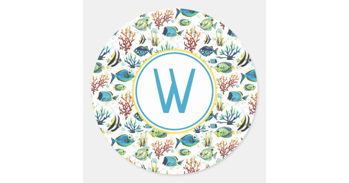 Watercolor Tropical Fish Monogram Classic Round Sticker | Zazzle