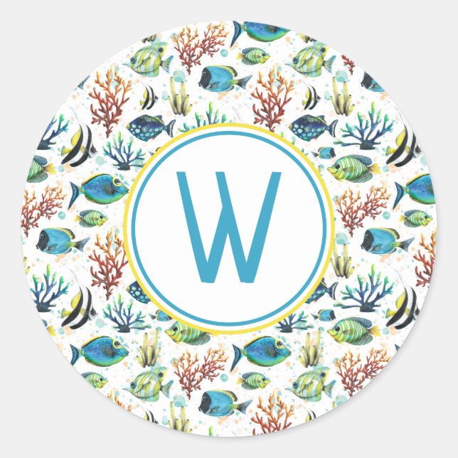 Watercolor Tropical Fish Monogram Classic Round Sticker (Front)