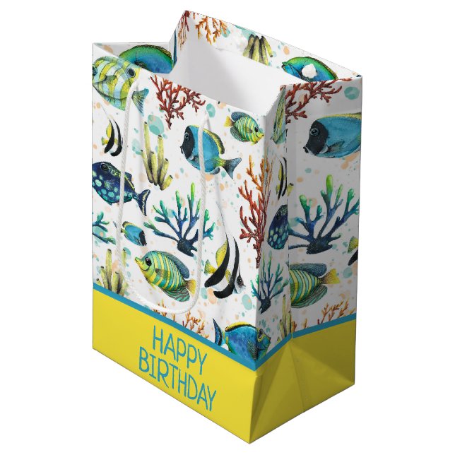 Watercolor Tropical Fish Personalized Medium Gift Bag (Front Angled)