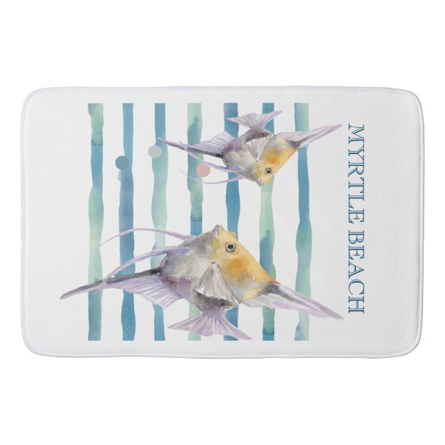WATERCOLOR TROPICAL FISH,  VACATION BEACH HOUSE  BATH MAT (Front)