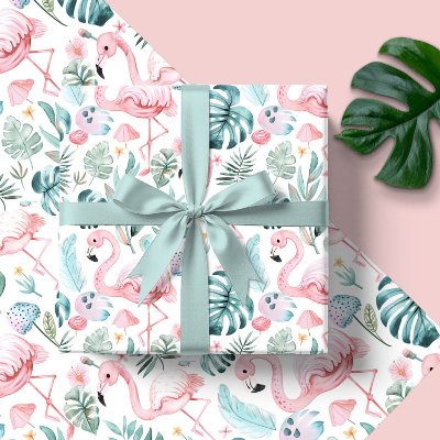 Watercolor Tropical Flamingo Baby Shower Wrapping Paper