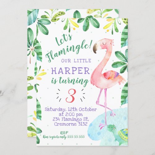 Watercolor Tropical Flamingo Birthday Invitation