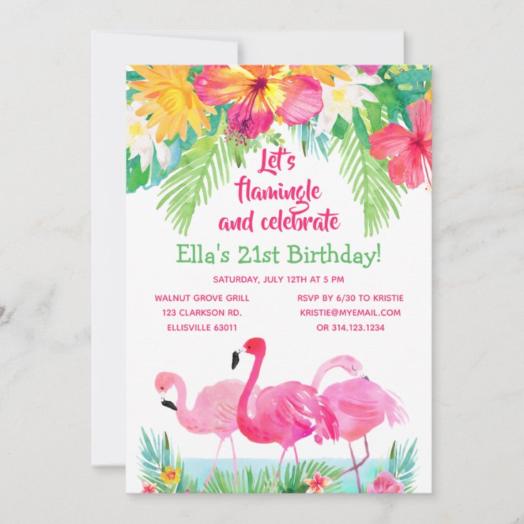 Watercolor Tropical Flamingo Birthday Invitation | Zazzle