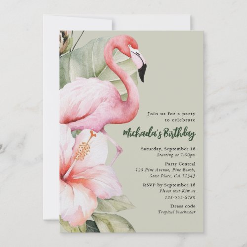 Watercolor Tropical Flamingo Birthday Party Invitation