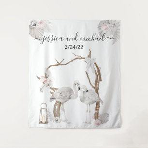 Watercolor Tropical Flamingo Boho White Floral Tapestry