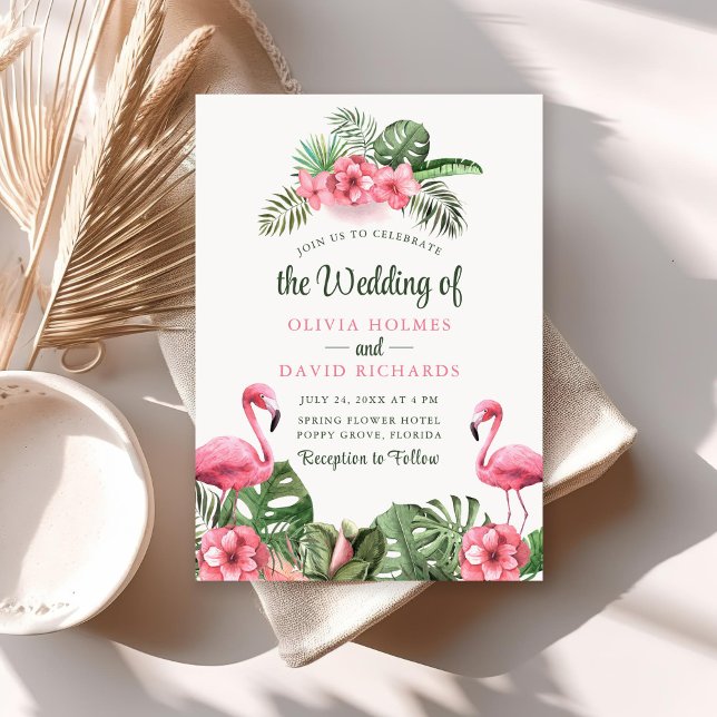 Watercolor Tropical Flamingo Wedding Invitation (Watercolor Tropical Flamingo Wedding Invitation on a sunny neutral boho table with dry palm leaf.)