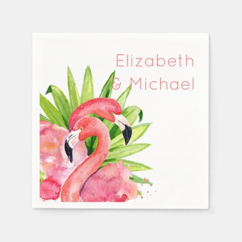 Watercolor Tropical Flamingos Personalized Party Napkins