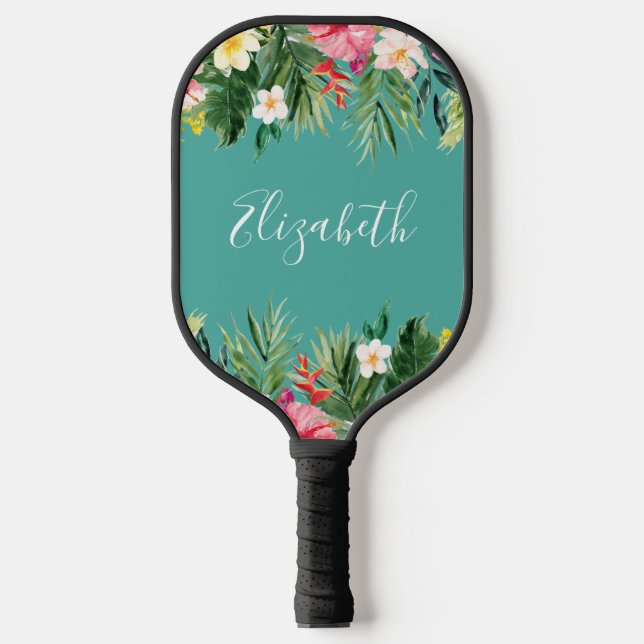 Watercolor Tropical Floral Add Name Teal Pickleball Paddle (Front)