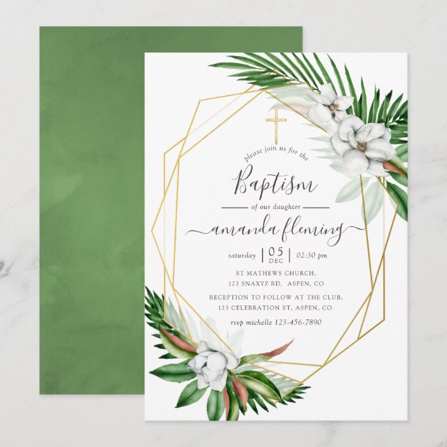 Watercolor Tropical Floral Baptism Invitation (Front/Back)