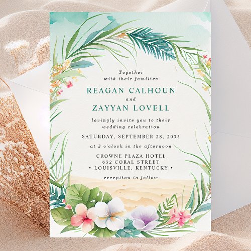 Watercolor Tropical Floral Beach Foliage Wedding Invitation