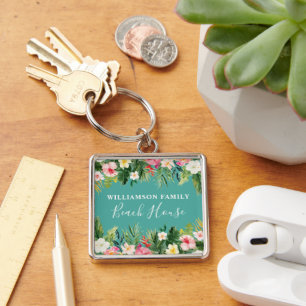 Watercolor Tropical Floral Beach House Keychain