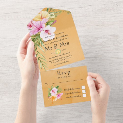 Watercolor Tropical Floral Beach Wedding All In One Invitation