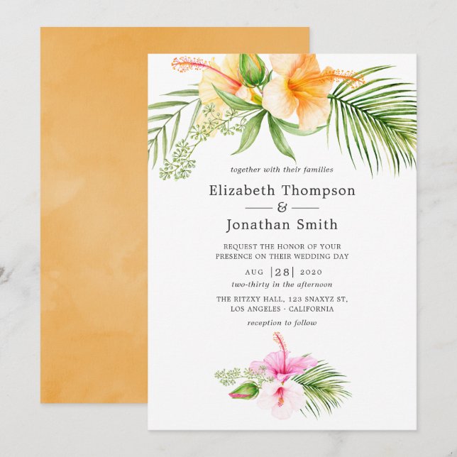 Watercolor Tropical Floral Beach Wedding Invitation (Front/Back)