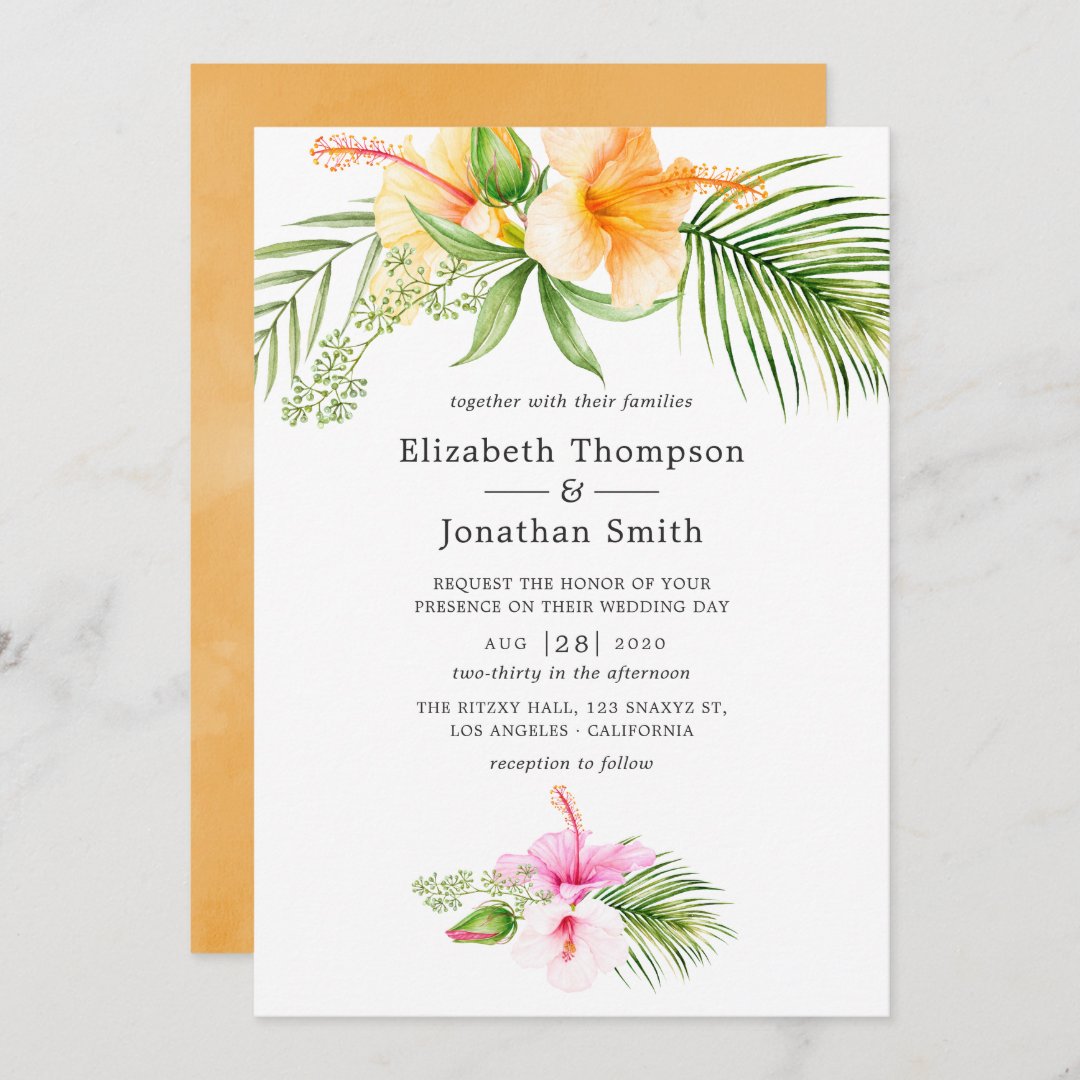 Watercolor Tropical Floral Beach Wedding Invitation 