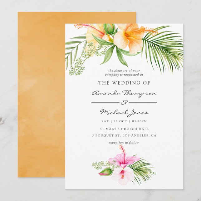 Watercolor Tropical Floral Beach Wedding Invitation (Front/Back)