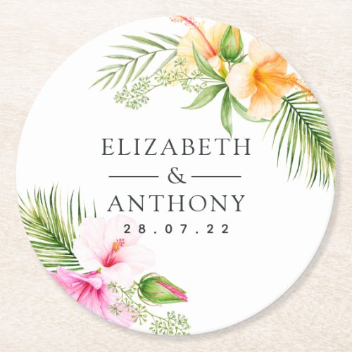 Watercolor Tropical Floral Beach Wedding Round Paper Coaster