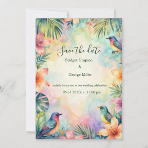 Watercolor Tropical Floral birds Hawaii wedding Invitation