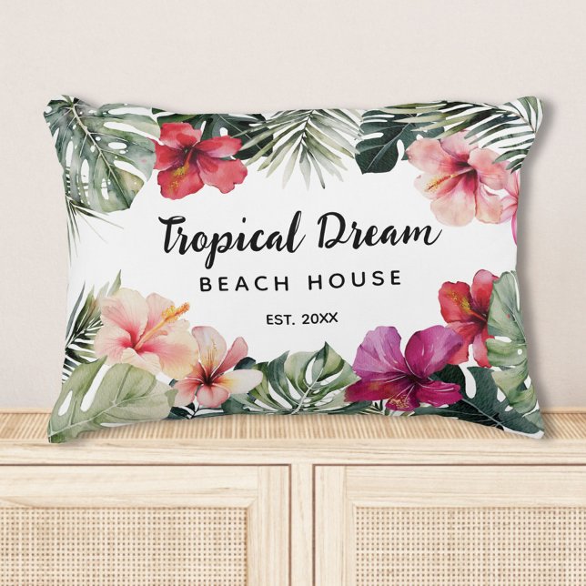 Watercolor Tropical Floral Botanical Beach House Accent Pillow (In situ)