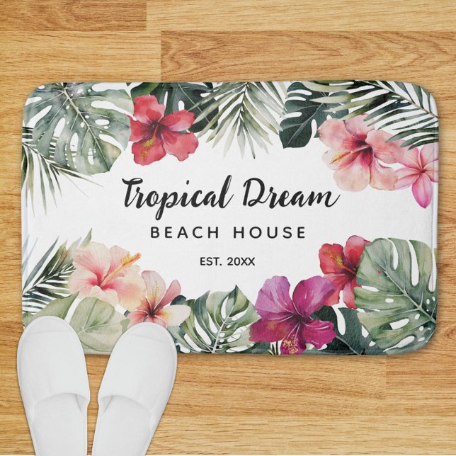 Watercolor Tropical Floral Botanical Beach House Bath Mat (In situ)