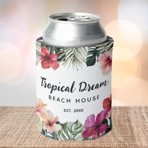Watercolor Tropical Floral Botanical Beach House Can Cooler