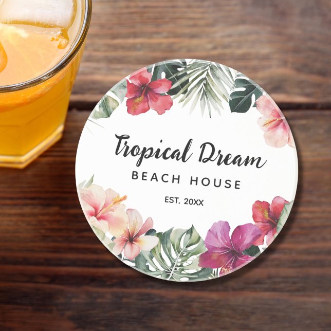 Watercolor Tropical Floral Botanical Beach House Coaster (In situ)