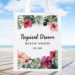 Watercolor Tropical Floral Botanical Beach House Grocery Bag