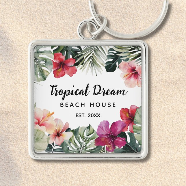 Watercolor Tropical Floral Botanical Beach House Keychain (In situ)