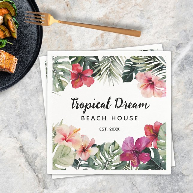 Watercolor Tropical Floral Botanical Beach House Napkins (In situ)