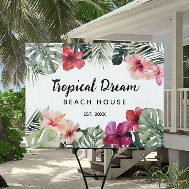 Watercolor Tropical Floral Botanical Beach House Sign (In situ)