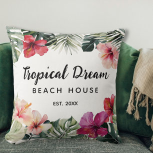 Watercolor Tropical Floral Botanical Beach House Throw Pillow