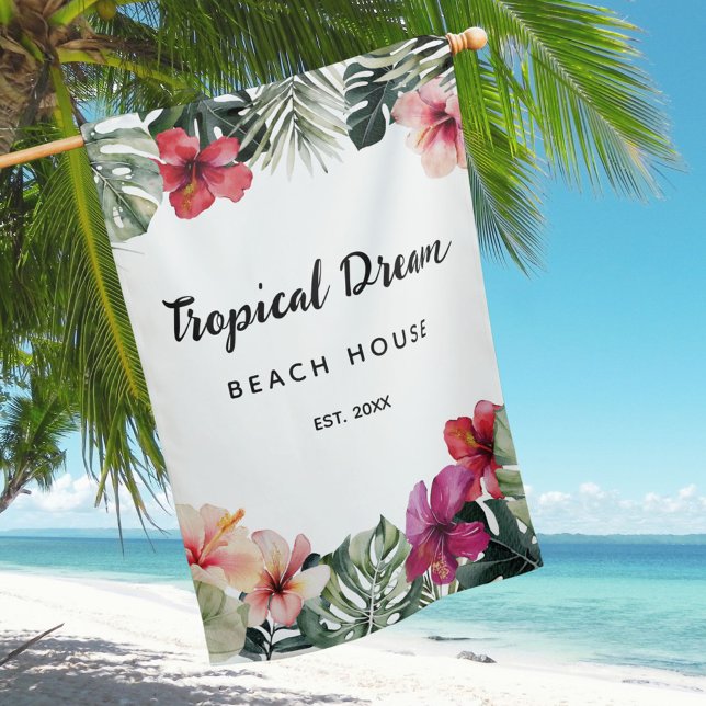 Watercolor Tropical Floral Botanical Summer Beach House Flag (In situ)